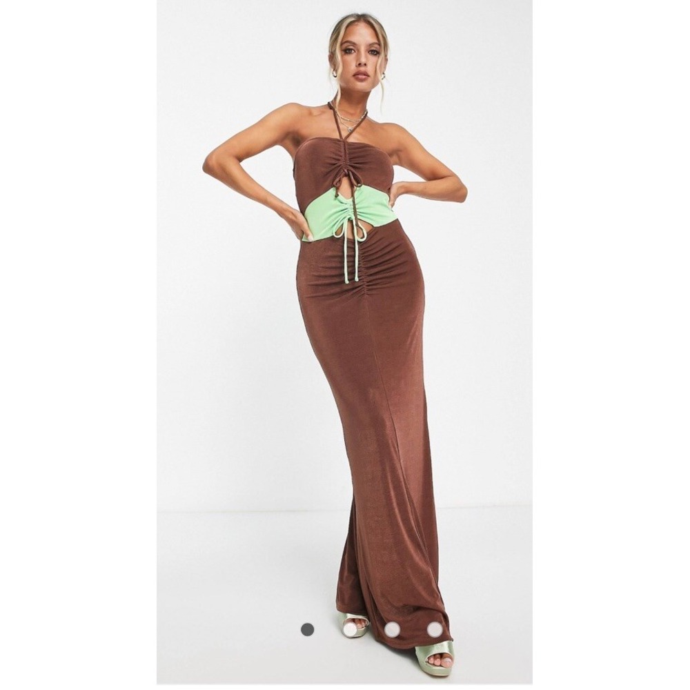 Topshop Womens High Neck Lace Up Brown and Green‎ Dress Size XL